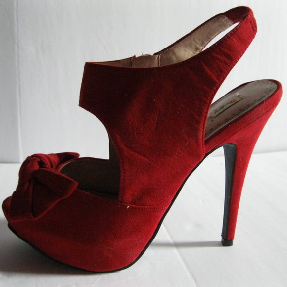 Olsenboye Bright Red Bow Suede Like High Heels - Picture 9 of 9